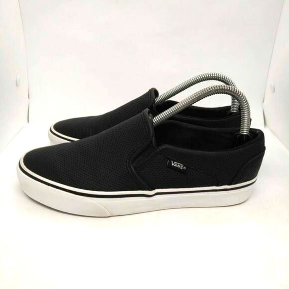 Vans Off The Wall Black Leather Perforated Slip On Shoes Womens Size 8.5 Black‎ - Picture 1 of 9